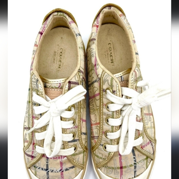 Coach POPPY BARRETT TATTERSALL WITH GOLD  LOW TOP SNEAKERS F0007/C09 Sz 7- 7.5 - Picture 3 of 5
